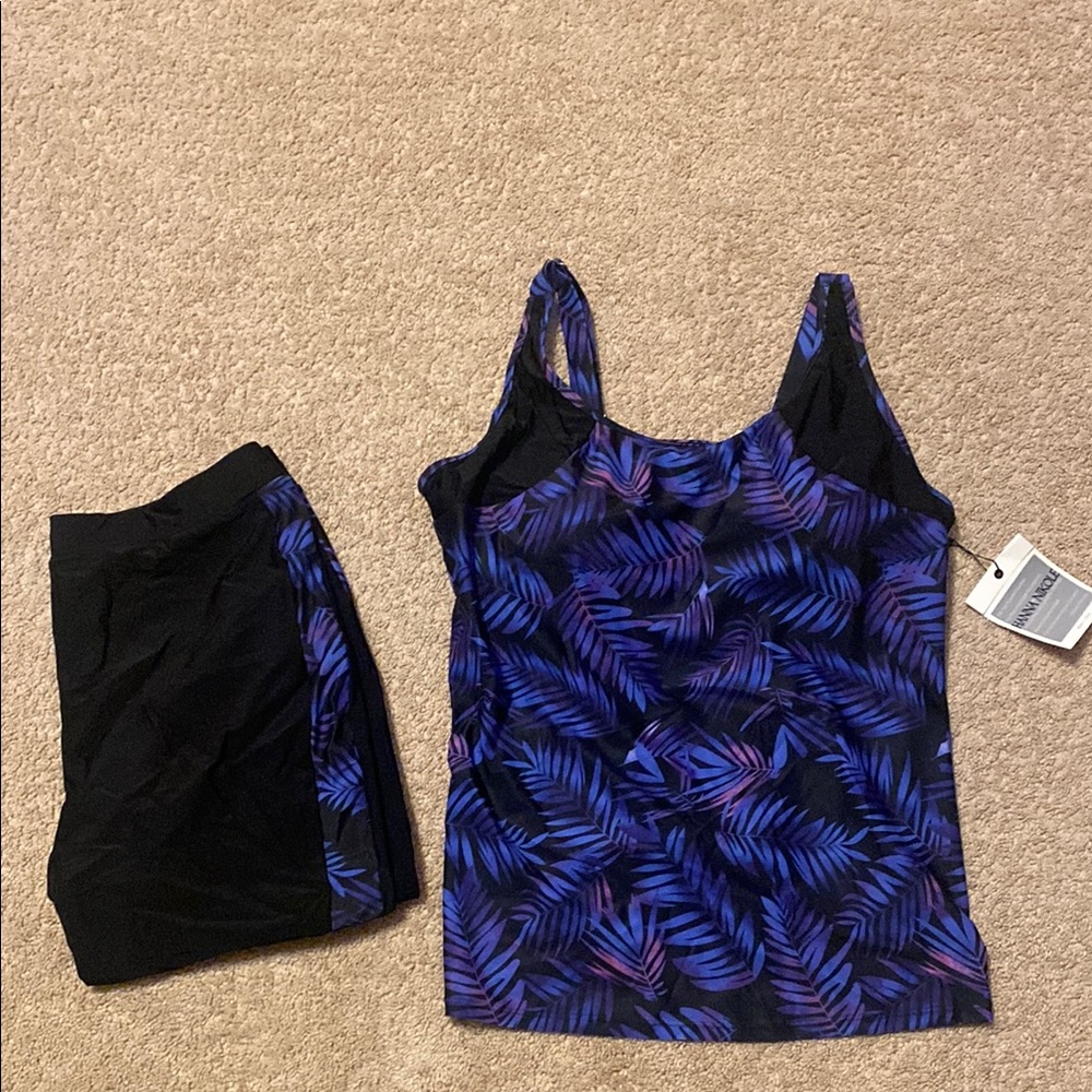 Blue and Purple Leaf Print Tank Top and Black Pants Swimsuit